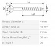 SPAX vis a bois M4x45/30mm tete fraisée TXS,W,C filetage partiel