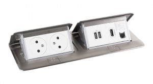 LEGRAND Pop-up double, 2x 230V, USB A+A alim, 1x RJ45, HDMI, inox