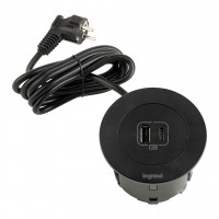 LEGRAND prise électrique Disq60 1x USB A+C chargeur + câble 2m, noir