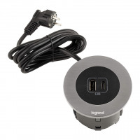 LEGRAND prise électrique Disq60 1x USB A+C chargeur + câble 2m, noir/aluminium