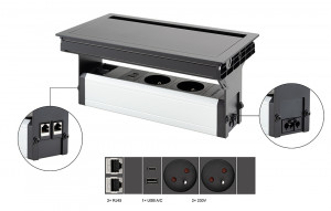 VersaFlap Mono 2.0 prise électrique 2x 230V, FR, RJ45, USB A/C, noir mat