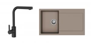 Évier granit Zala 860 brun avec égouttoir et robinet Ipoly L noir mat