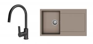 Évier granit Zala 860 brun + robinet Loira col arc noir mat