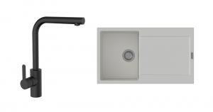 StrongSinks S3 Zala 860?×?500?mm évier granit blanc + robinet Ipoly L noir mat