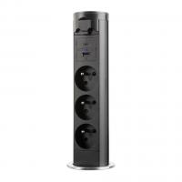 StrongPower elektricky výsuvná zásuvka 3x 230V Francouzská, USB A+C, černá